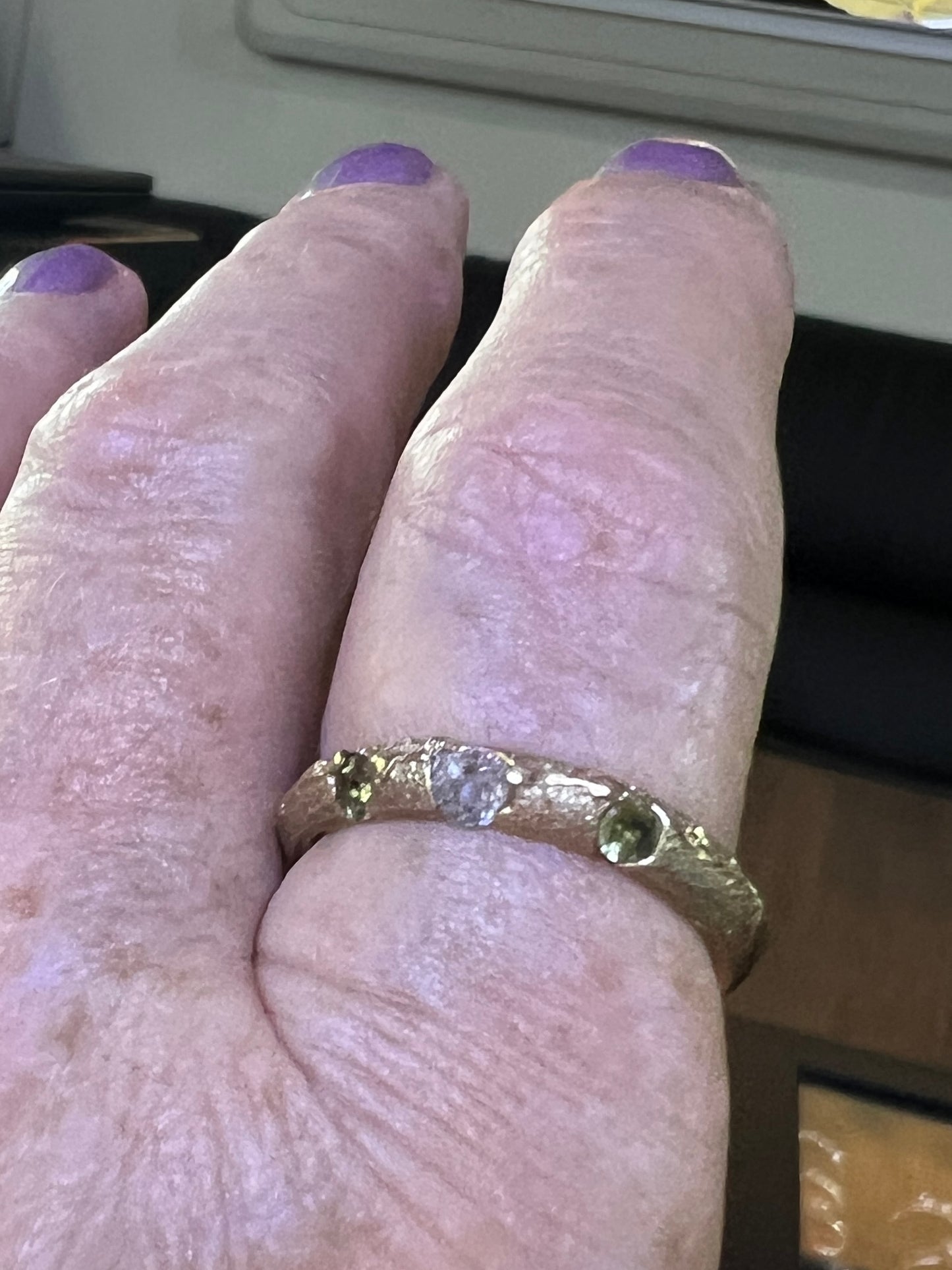 “Coastal Grass” - Ring 9ct recycled gold with green Sapphires & Topaz - Size “R”