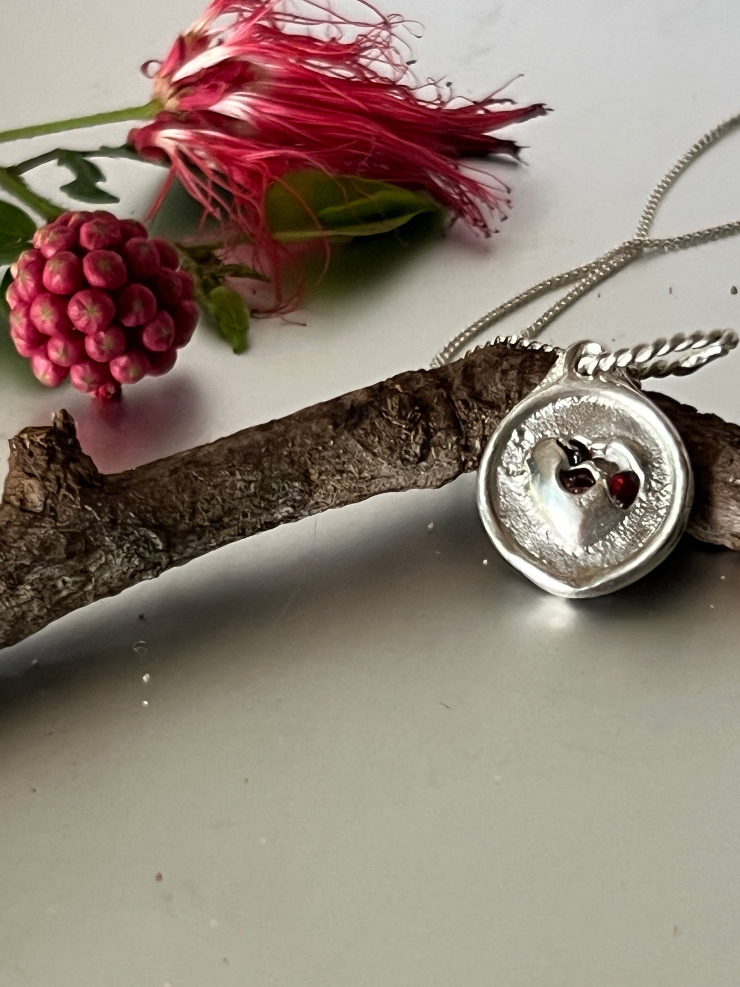 “My Heart” Hand made sterling silver Split Heart Garnet Pendant. Includes a 45cm neoprene cord or 50cm sterling silver chain
