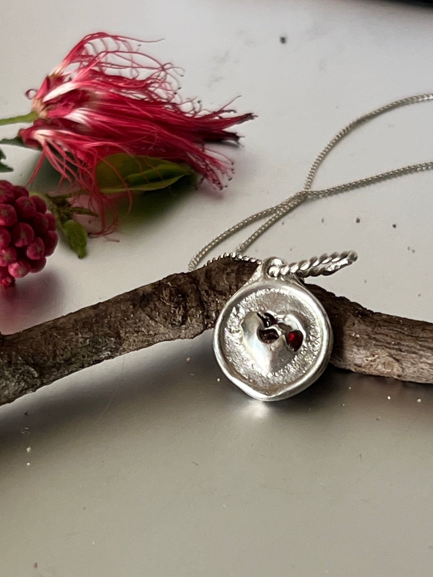 “My Heart” Hand made sterling silver Split Heart Garnet Pendant. Includes a 45cm neoprene cord or 50cm sterling silver chain