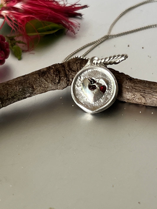 “My Heart” Hand made sterling silver Split Heart Garnet Pendant. Includes a 45cm neoprene cord or 50cm sterling silver chain