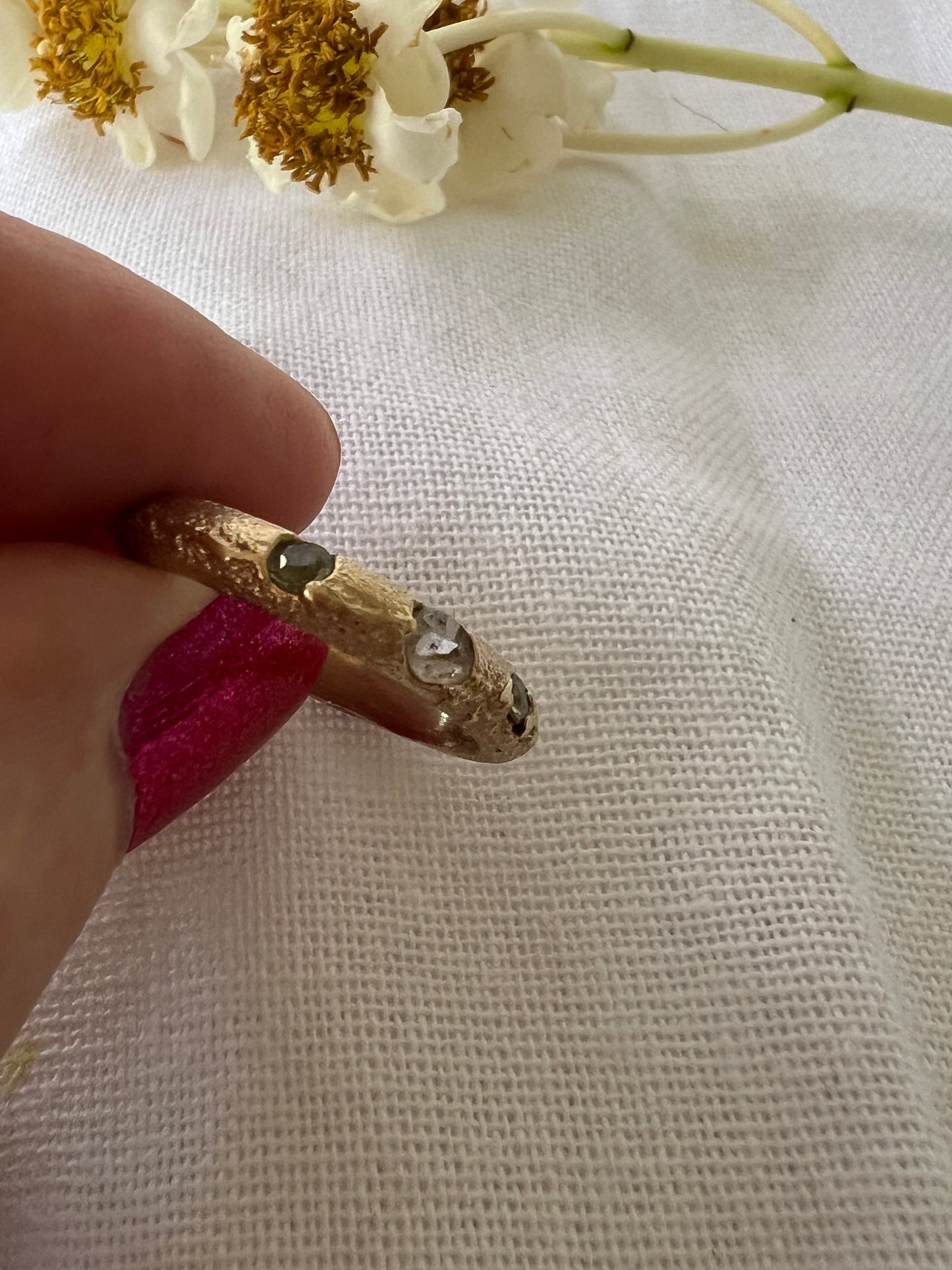 Coastal Grass - Ring        9ct recycled gold with green Sapphires & Topaz