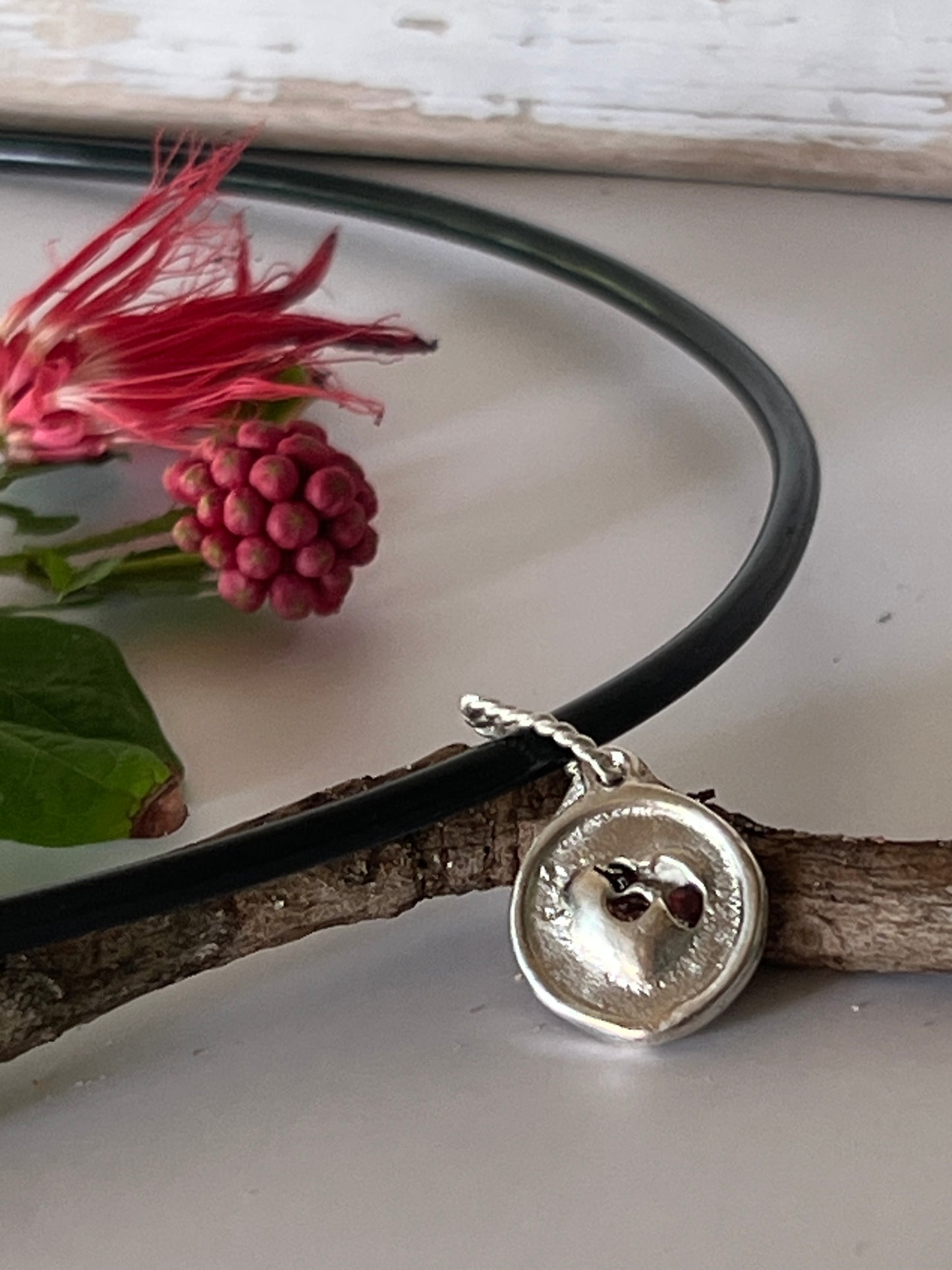 “My Heart” Hand made sterling silver Split Heart Garnet Pendant. Includes a 45cm neoprene cord or 50cm sterling silver chain