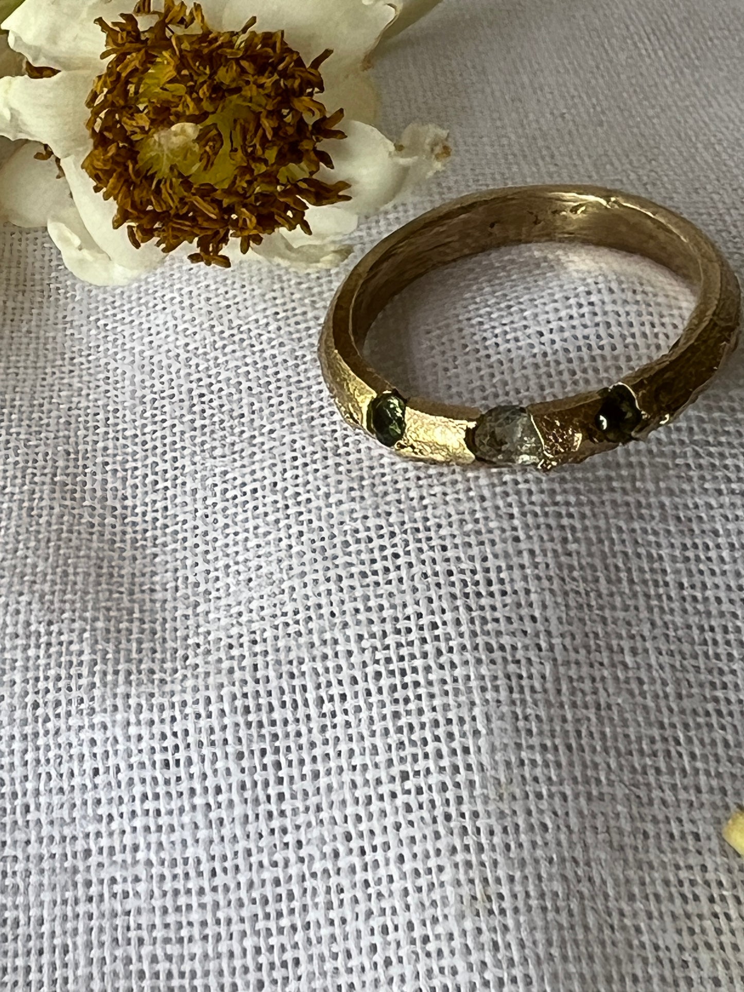 Coastal Grass - Ring        9ct recycled gold with green Sapphires & Topaz