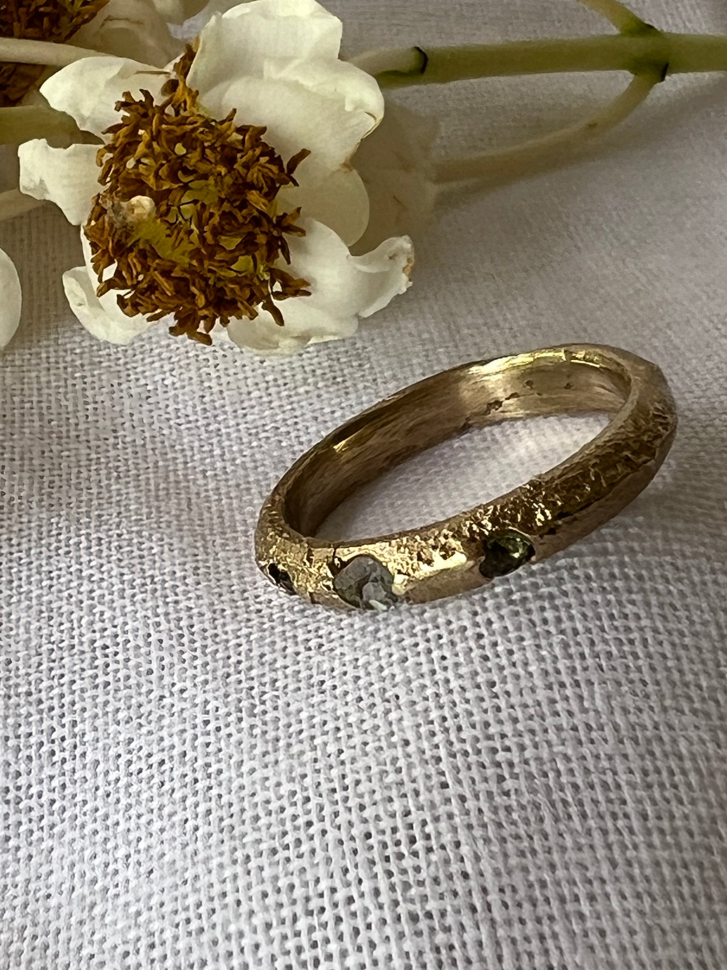 Coastal Grass - Ring        9ct recycled gold with green Sapphires & Topaz