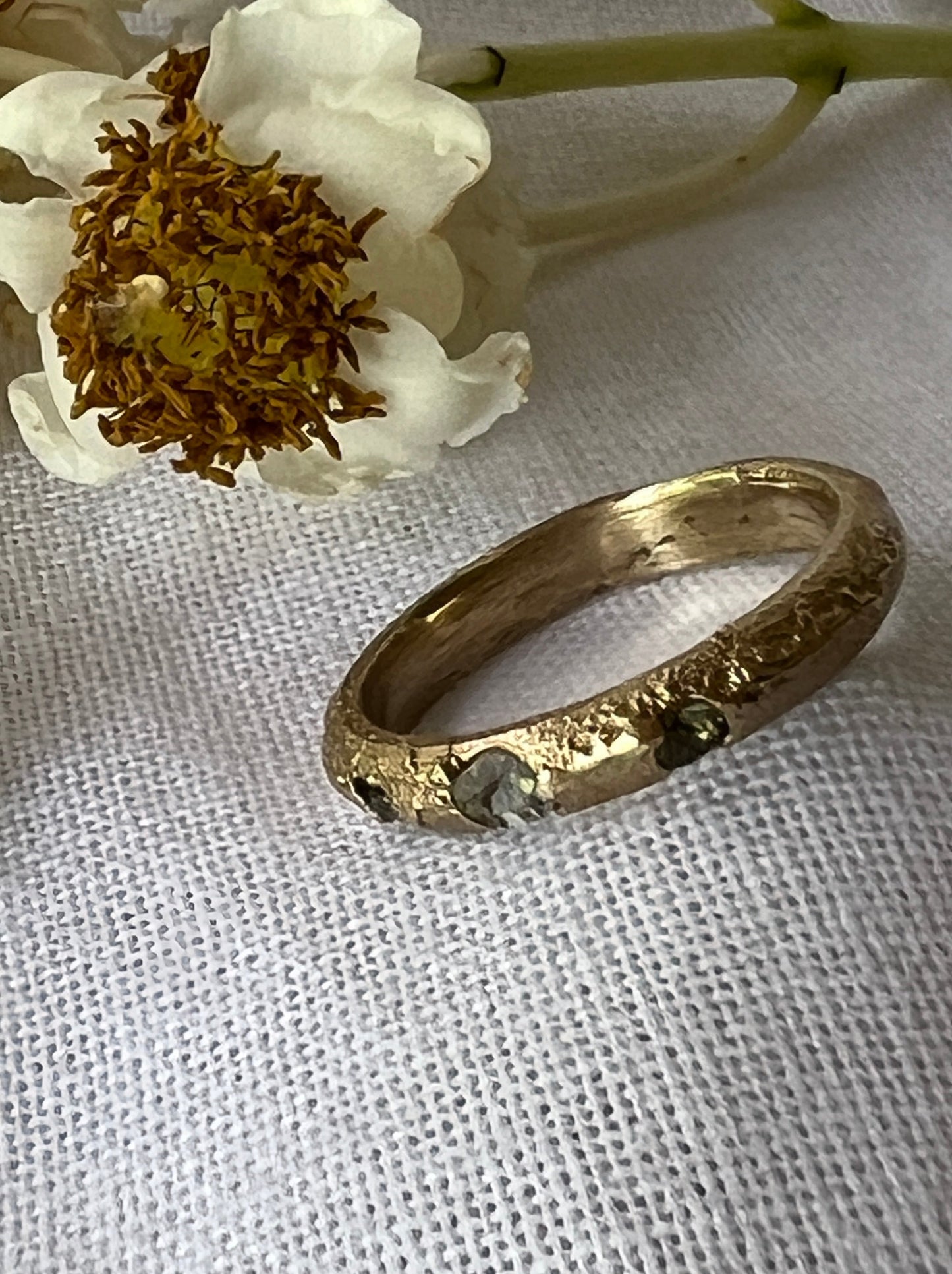 Coastal Grass - Ring        9ct recycled gold with green Sapphires & Topaz