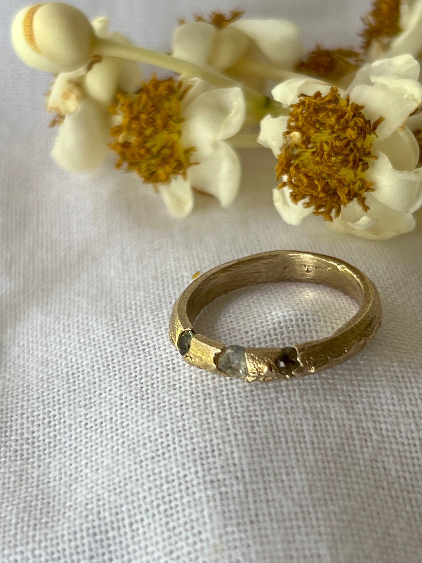 Coastal Grass - Ring        9ct recycled gold with green Sapphires & Topaz