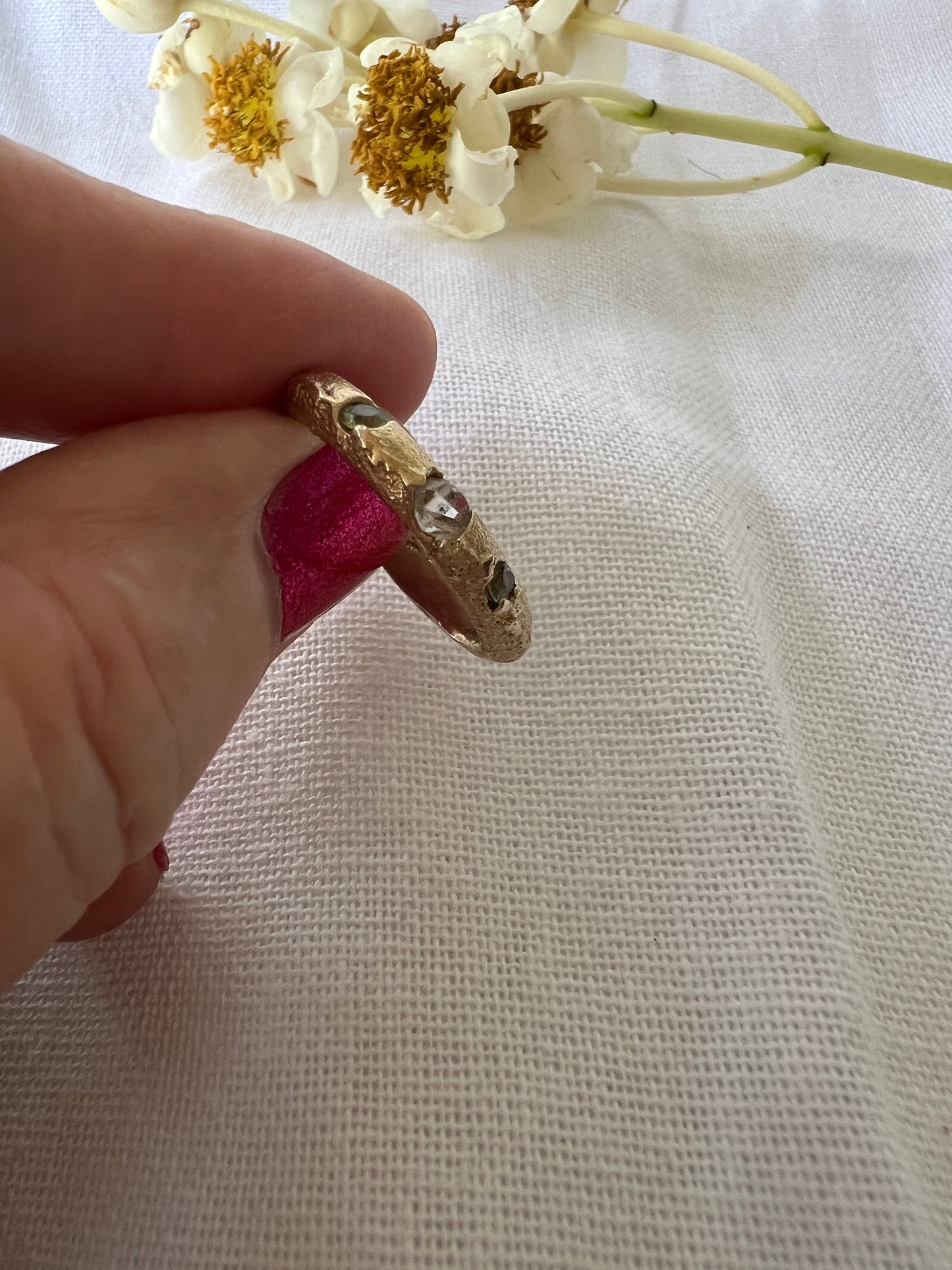 Coastal Grass - Ring        9ct recycled gold with green Sapphires & Topaz