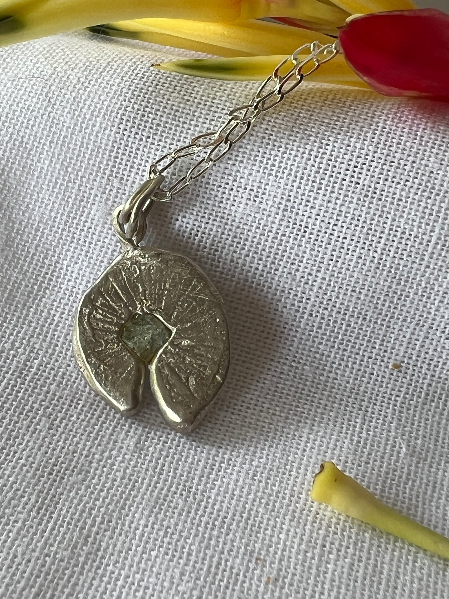“Spinifex” Pendant with pale green sapphire & Sterling Silver Chain