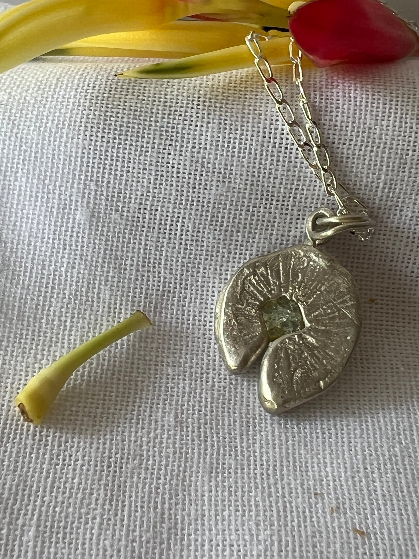 “Spinifex” Pendant with pale green sapphire & Sterling Silver Chain