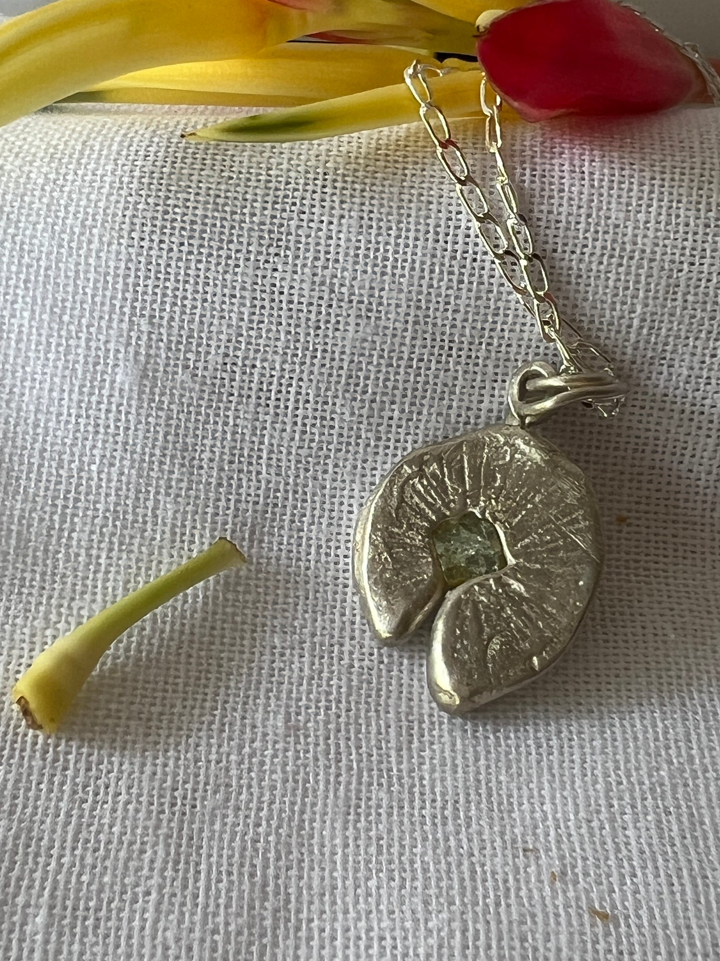 “Spinifex” Pendant with pale green sapphire & Sterling Silver Chain