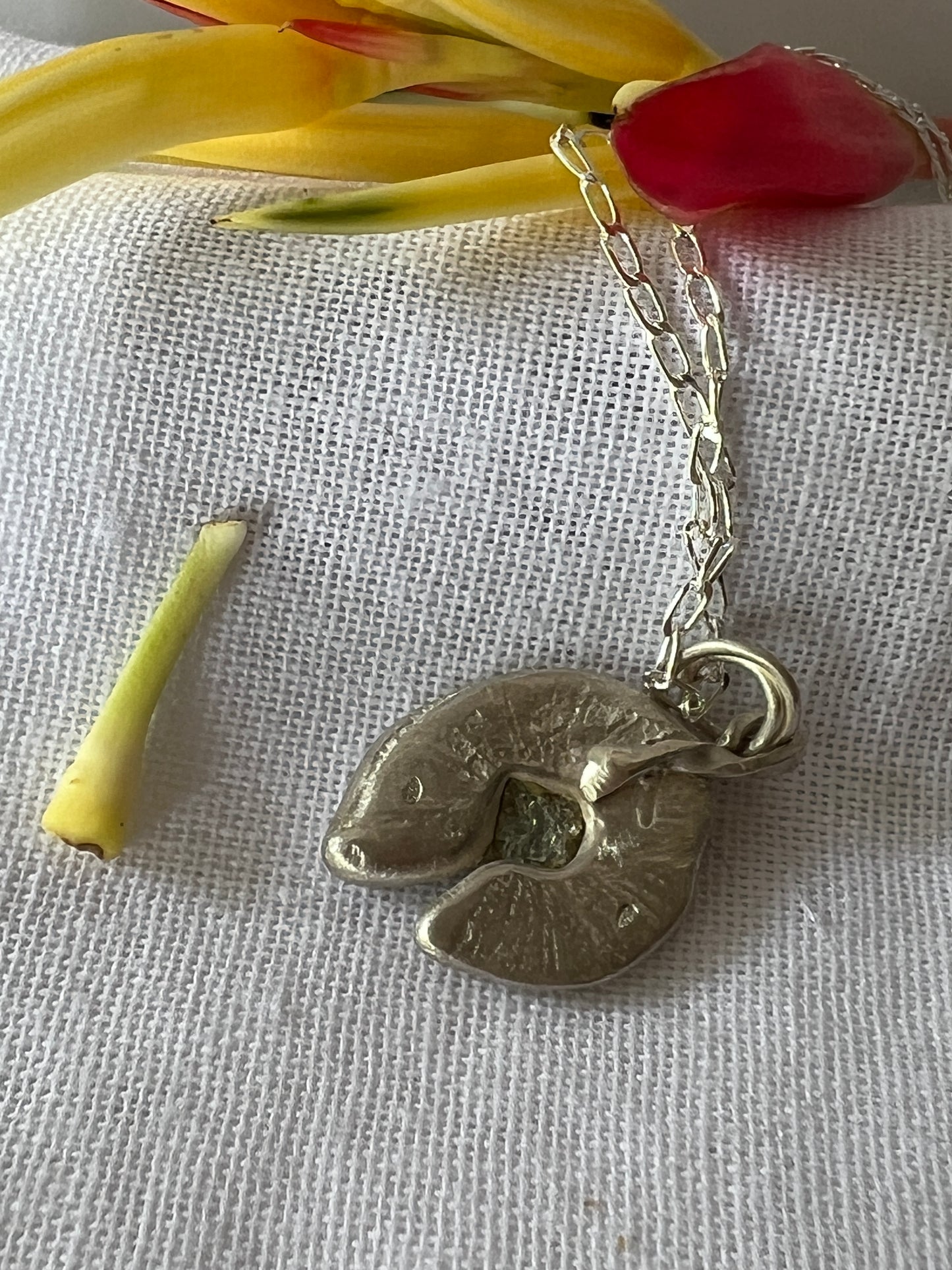 “Spinifex” Pendant with pale green sapphire & Sterling Silver Chain