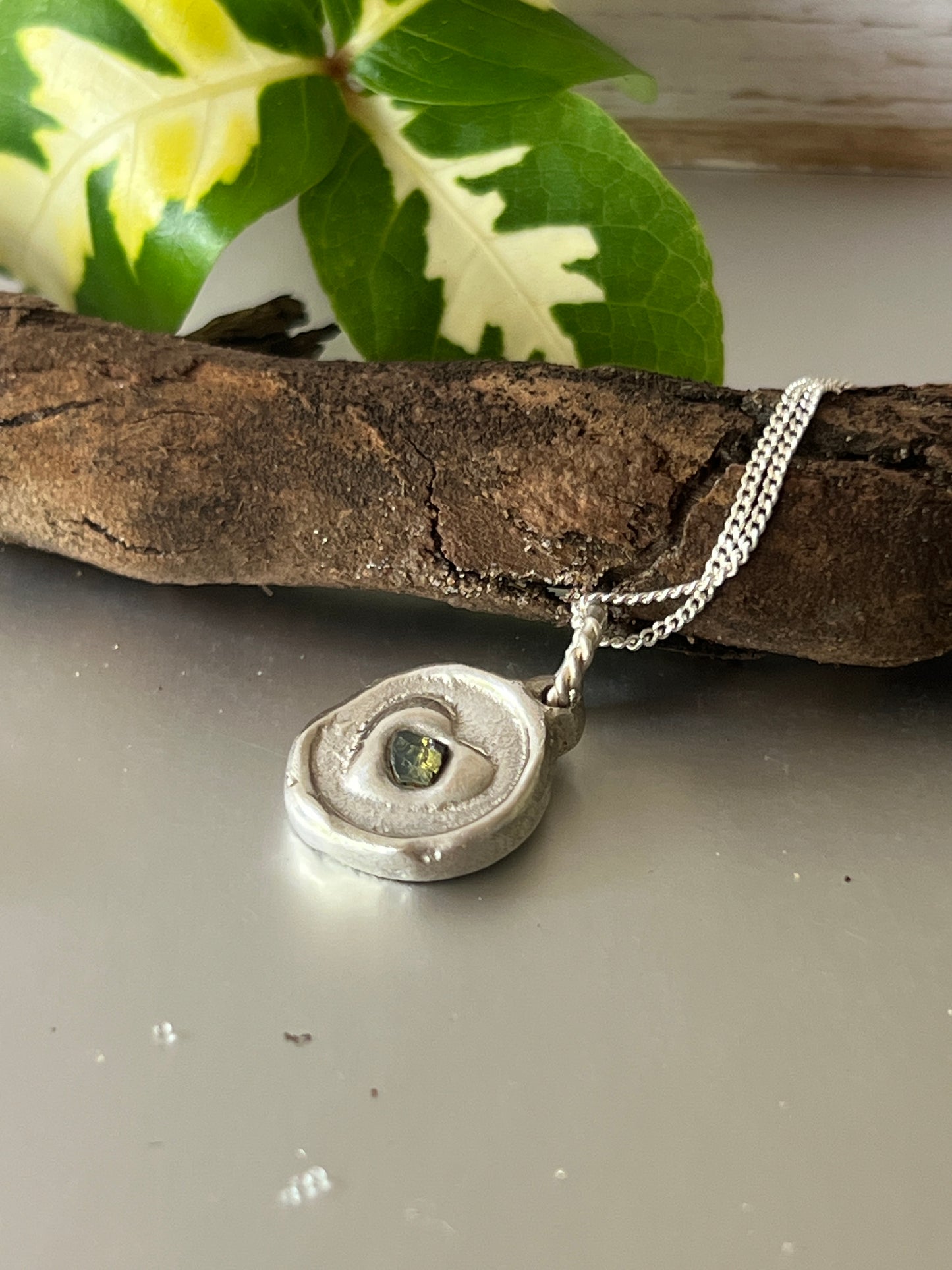 “My Heart” Pendant with a stunning raw pale green sapphire. Includes a 50cm 925 Sterling Silver chain