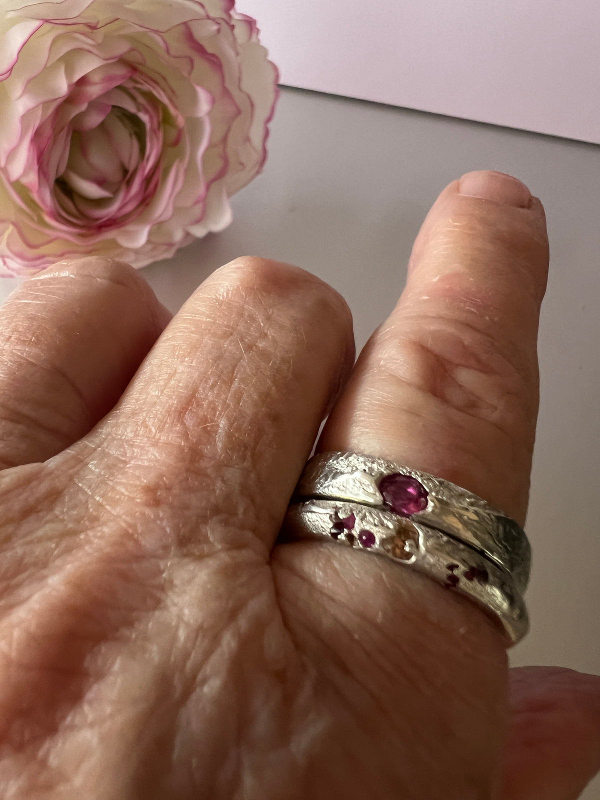 “Outback Sunsets” Sterling Silver ring with yellow & pink sapphires